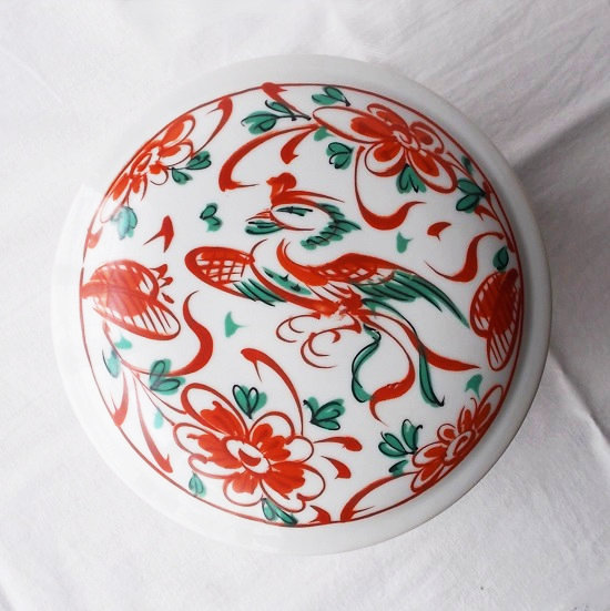 昭和レトロ食器/赤絵花鳥柄円形陶器製三段お重箱 - たんぽぽ|昭和