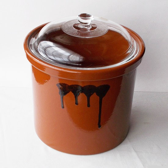 レア品♪常滑焼久松のガラス蓋付きアメ釉切立型陶器漬物容器/甕ツボ