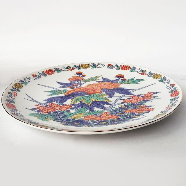 色鍋島/古伊万里風の豪華な芙蓉菊花草花紋図の大皿φ26.2cm - たんぽぽ