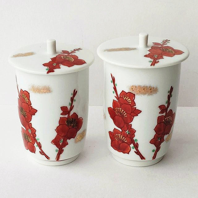 Koyo china/金と赤い梅花枝図柄の素敵な模様の蓋付行儀湯呑み