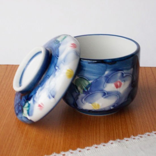 藍色白一珍黄桃花柄のレトロ茶碗蒸し器 - たんぽぽ|昭和レトロ食器