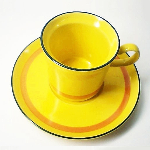 可愛いレトロモダン♪黄色オレンジライン切立コーヒーカップ＆ソーサー