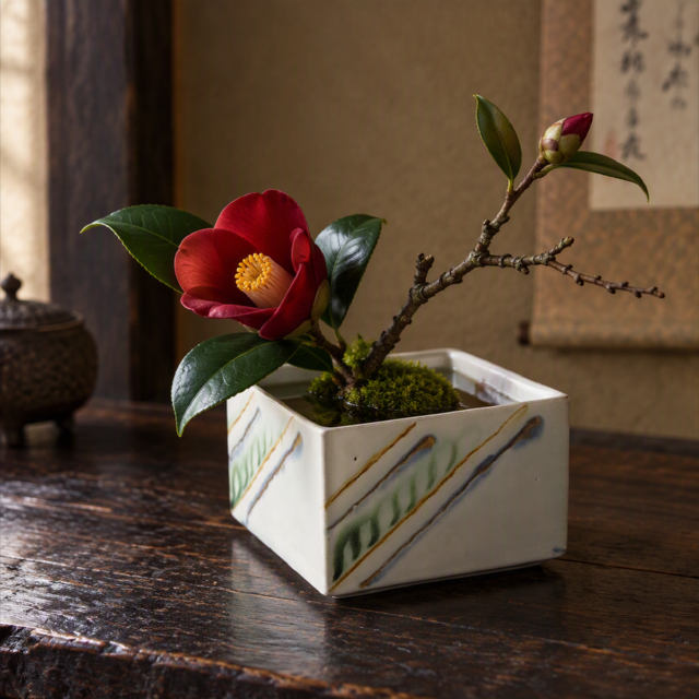 古い時代の正四角形織部黄薄灰青釉薬垂らし柄の水盤/花器/花生け