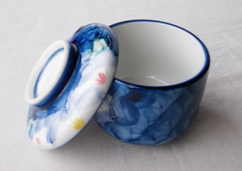 藍色白一珍黄桃花柄のレトロ茶碗蒸し器 - たんぽぽ|昭和レトロ食器
