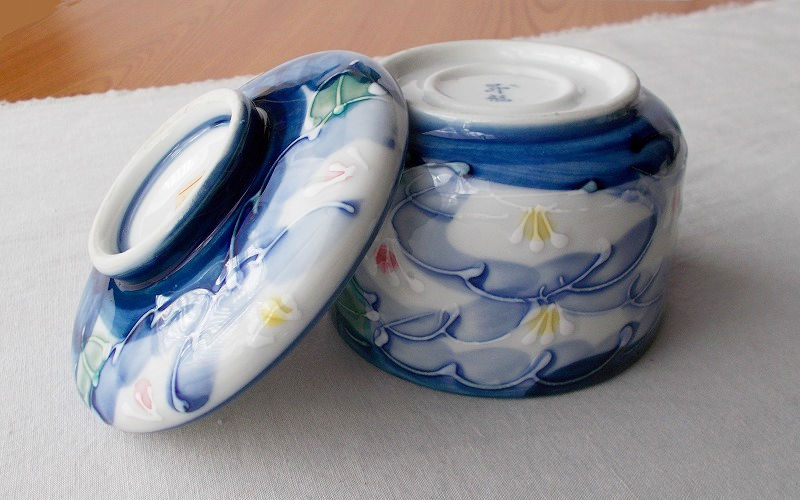 藍色白一珍黄桃花柄のレトロ茶碗蒸し器(大) - たんぽぽ|昭和レトロ食器