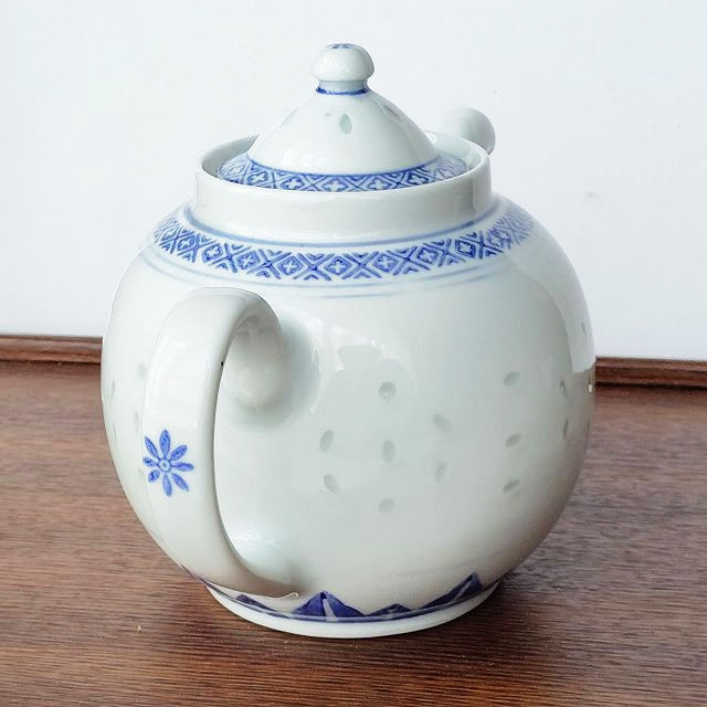ホタル焼き染付藍色模様茶器/ティーポット【丸形】景徳鎮/中国製MADE