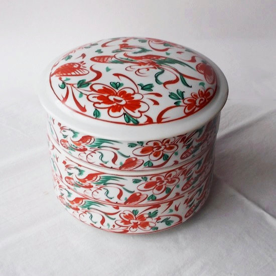 昭和レトロ食器/赤絵花鳥柄円形陶器製三段お重箱 - たんぽぽ|昭和