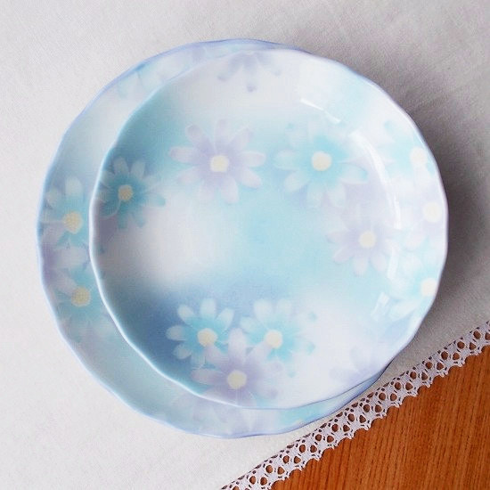 昭和レトロ食器☆コスモス秋桜ブルー系の可愛い花柄小皿 - たんぽぽ
