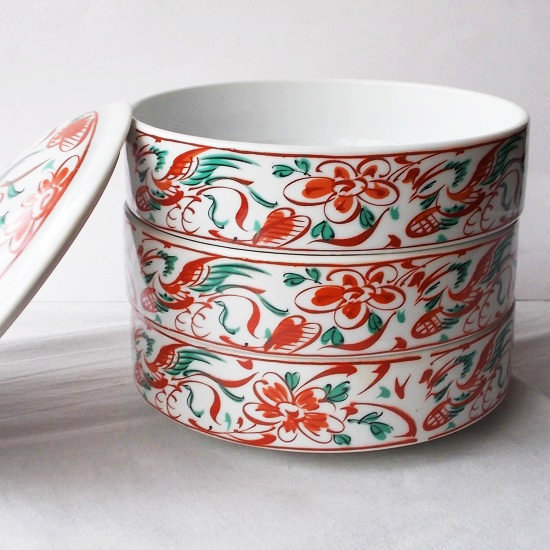 昭和レトロ食器/赤絵花鳥柄円形陶器製三段お重箱 - たんぽぽ|昭和