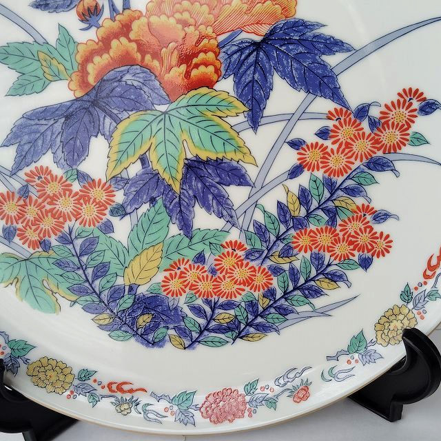 色鍋島古伊万里】風の豪華な芙蓉菊花草花紋図の大皿φ26.2cm - たんぽぽ