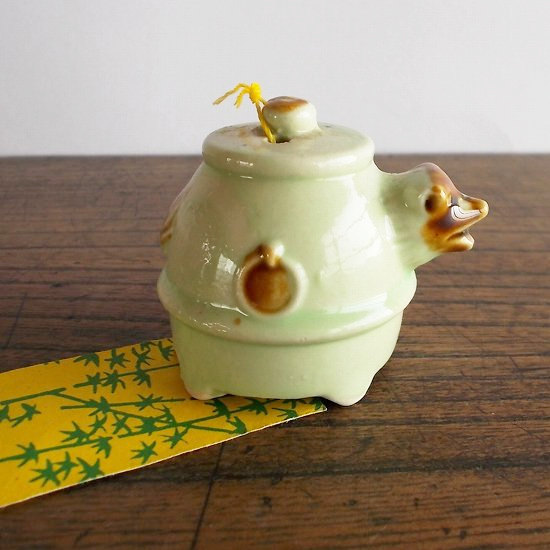 古い時代の可愛い陶器の風鈴【ぶんぶく茶釜狸さん】グリーン