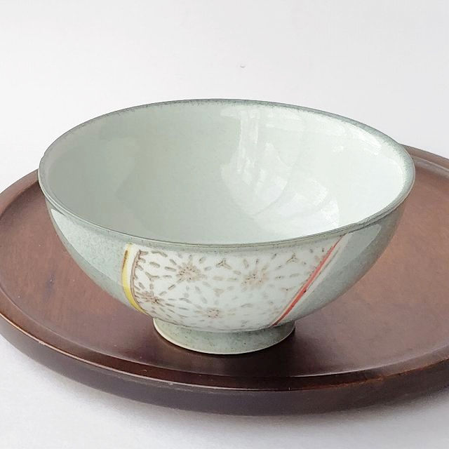 平成レトロ☆青磁釉朱黄色ライン刺し子風文様の可愛い中平お茶碗