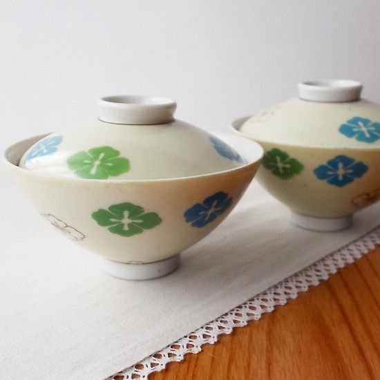 統制陶器【岐19】古い時代の黄色花菱紋子供蓋付き茶碗 - たんぽぽ|昭和
