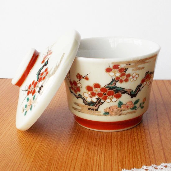 赤ラインアイボリー紅白梅花枝図レトロ茶碗蒸し器 - たんぽぽ|昭和