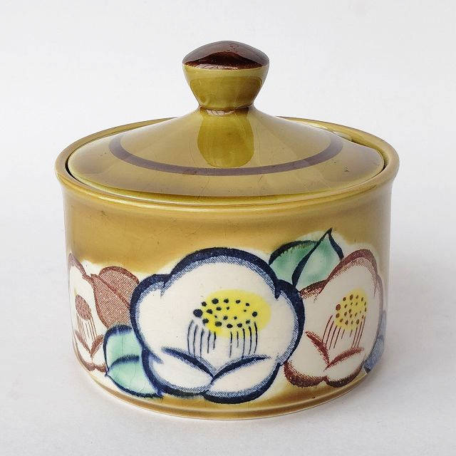花柄陶器の壺 金色の縁取り 朽葉色に吉祥花(椿/牡丹)を描いた和陶シュガーポット/蓋付き小鉢