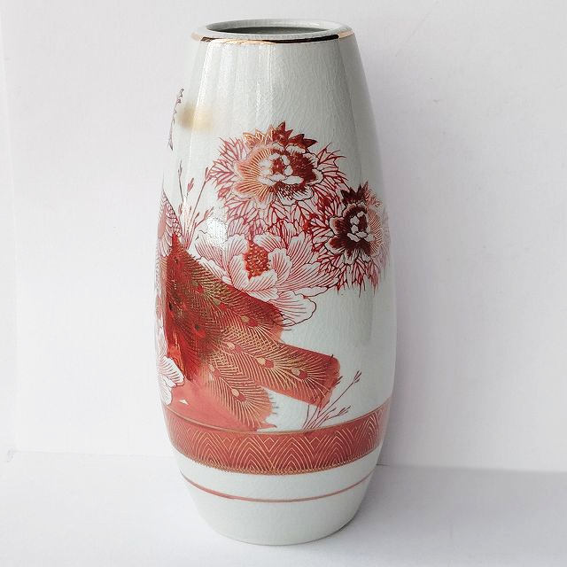 九谷焼き/赤絵風貫入孔雀雷紋牡丹花図柄円筒型花瓶☆インテリアに(口が