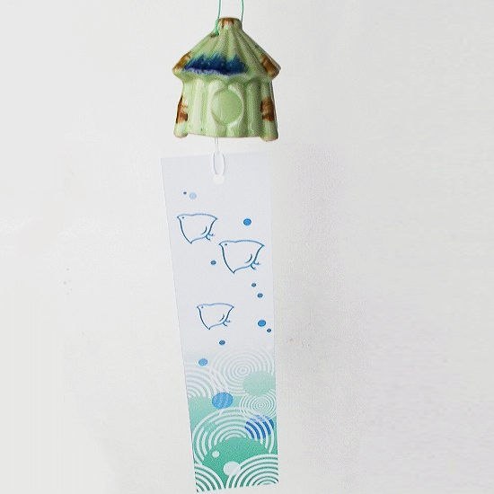 古い時代のアンティークな可愛い陶器の風鈴【東屋】グリーン