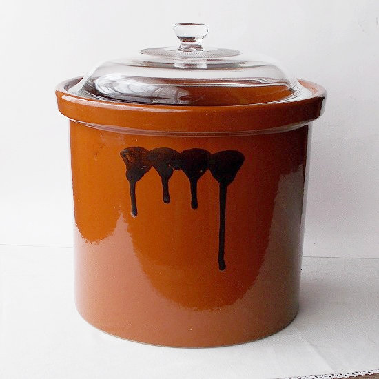 レア品♪常滑焼久松のガラス蓋付きアメ釉切立型陶器漬物容器/甕
