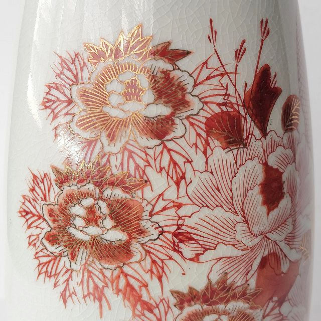九谷焼き/赤絵風貫入孔雀雷紋牡丹花図柄円筒型花瓶☆インテリアに(口が