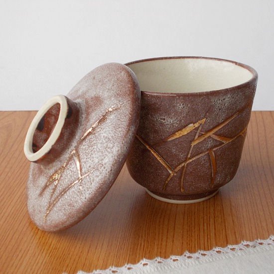 あずき色志野風金彩葦レトロ茶碗蒸し器 - たんぽぽ|昭和レトロ食器