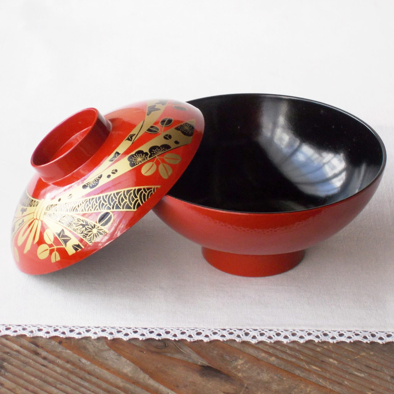 昭和の漆器【結びリボン金赤内黒】お吸物椀 sk-09 - たんぽぽ|昭和