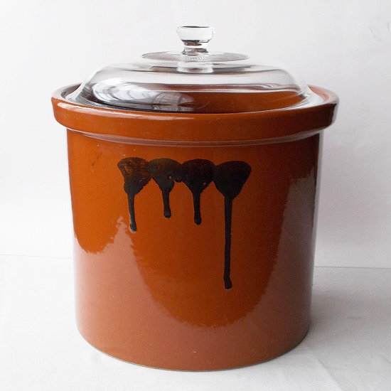 レア品♪常滑焼久松のガラス蓋付きアメ釉切立型陶器漬物容器/甕ツボ