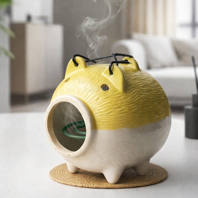 蚊やり豚/蚊取り線香ホルダーの陶器製の豚さん/萬古焼/白黄色ハーフ