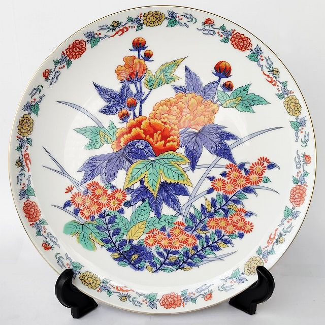 色鍋島/古伊万里風の豪華な芙蓉菊花草花紋図の大皿φ26.2cm - たんぽぽ