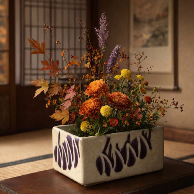 古い時代の紫模様の長四角型の水盤/花器/花生け - たんぽぽ|昭和レトロ