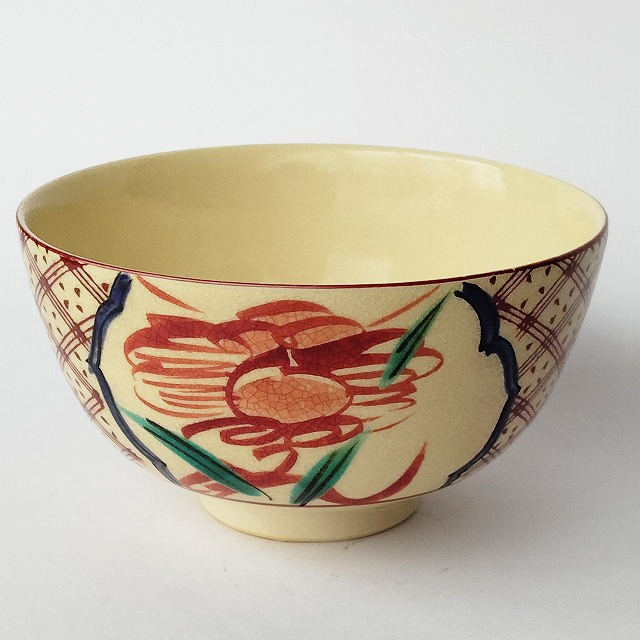 赤絵間取格子草花紋の抹茶茶碗/昭和平成レトロ茶道具① - たんぽぽ