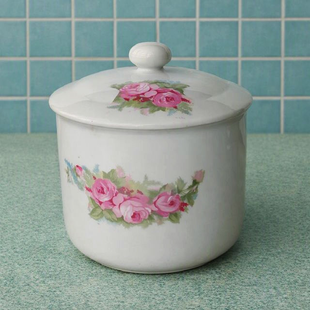 古い時代の陶器製の蓋付きカメ壷/甕/統制陶器/ピンクバラの花柄