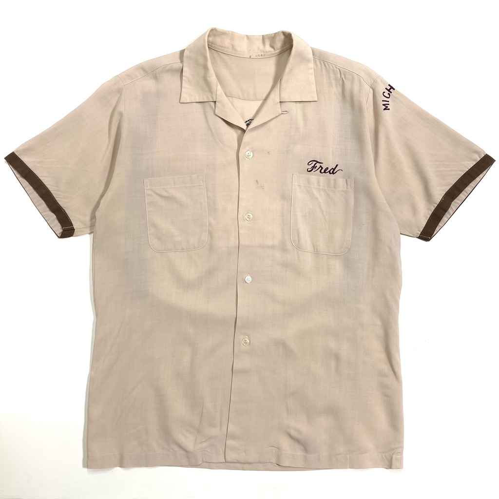 60s RAT FINK×CHARLIE BROWN MILITARY SOUVENIR BOWLING SHIRT. | 古着