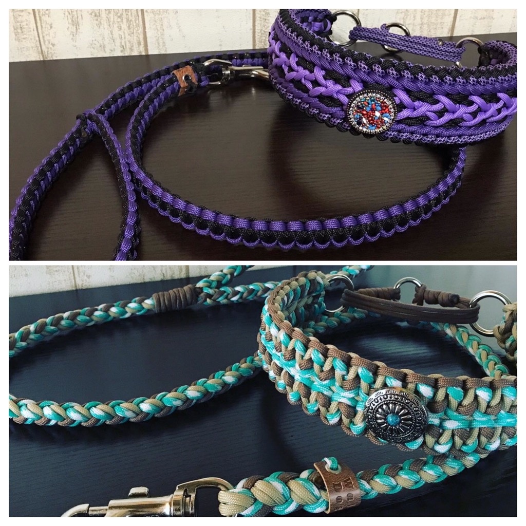 パラコード幅広首輪#496＋平編みリード#468他 お揃い2SET - パラコード