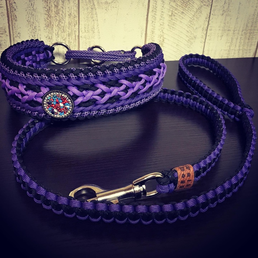 パラコード幅広首輪#496＋平編みリード#468他 お揃い2SET - パラコード