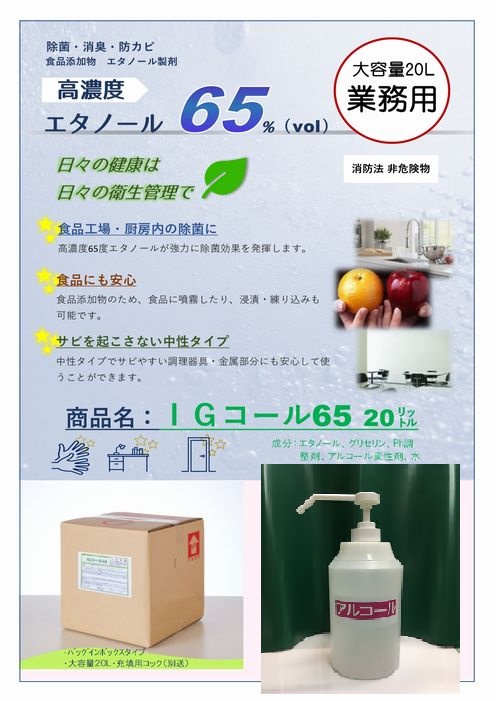 IGコール 65%エタノール 20L業務用 | 温浴塩素・養護厨房用品の ユキナ