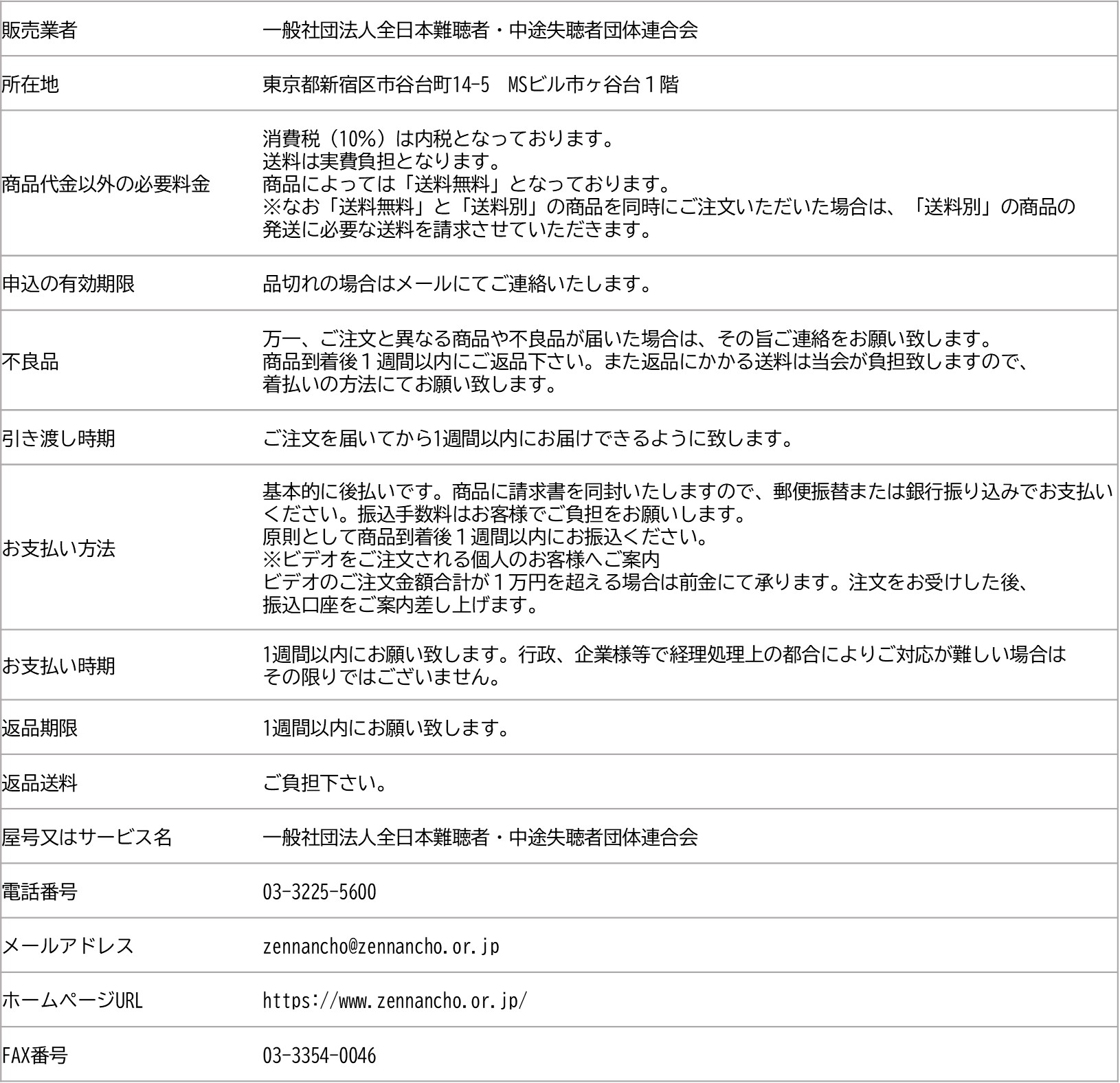 特定商取引に関する法律にもとづく表示